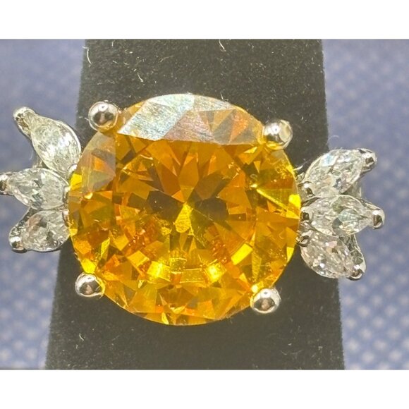 Citrine Ring 14mm Cubic Zirconia & Accent Stones Silver-Tone Band Exquisite - Picture 7 of 12